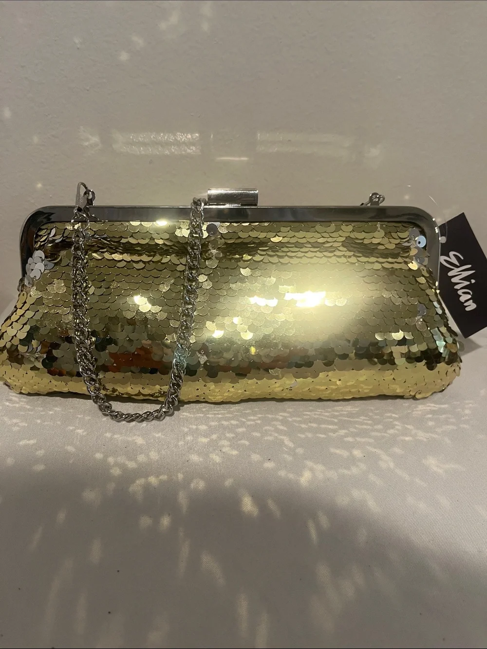 Gold Sequin Evening Clutch with Silver Frame